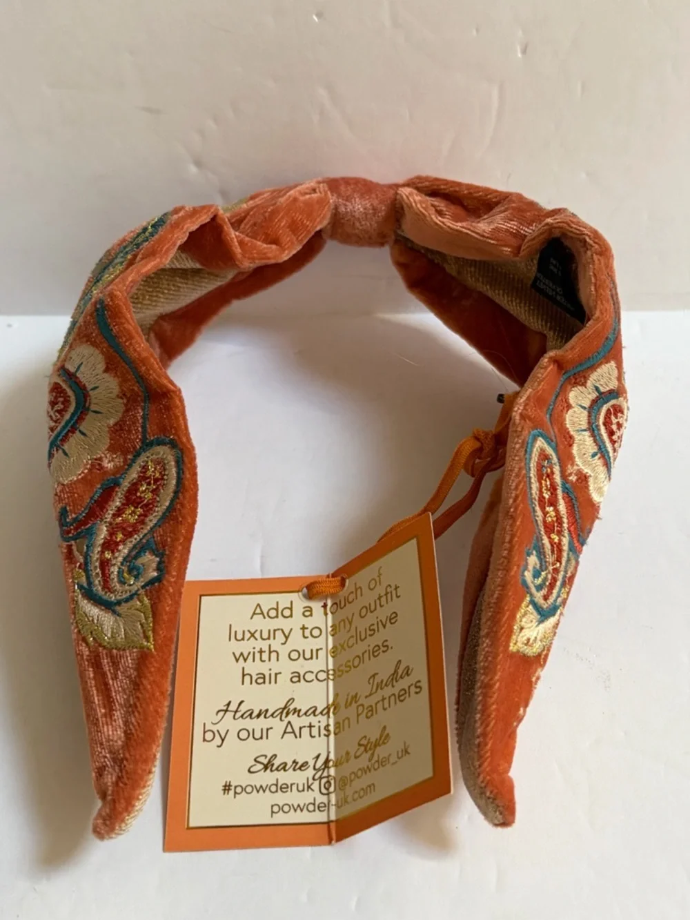 NWT Embroidered Velvet Headband Mediterranean Paisley Coral by Powder UK